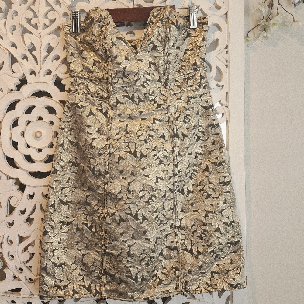 LOVERS + FRIENDS STRAPLESS GOLD JAQUARD MINI DRESS BACK ZIPPER SIZE XS - Picture 7 of 15
